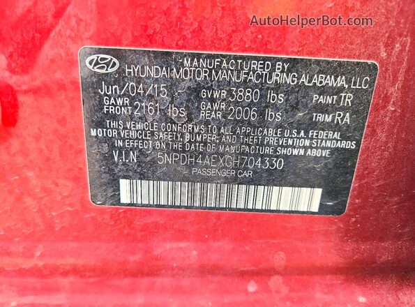 5NPDH4AEXGH704330 2016 HYUNDAI ELANTRA Red ძრავის განყოფილების ხედი