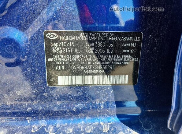 5NPDH4AEXGH758291 2016 HYUNDAI ELANTRA Blue Vista del compartimento del motor