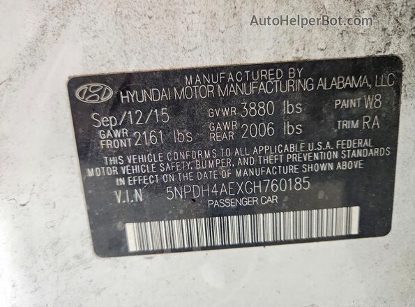 5NPDH4AEXGH760185 2016 HYUNDAI ELANTRA White Widok naklejki z numerem VIN