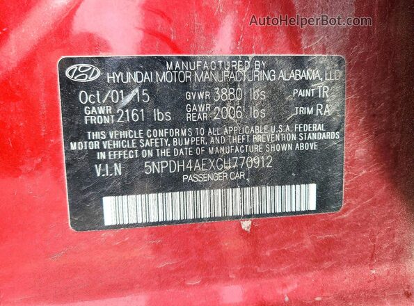 5NPDH4AEXGH770912 2016 HYUNDAI ELANTRA Red Вид підкапотного простору