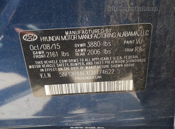5NPDH4AEXGH774622 2016 HYUNDAI ELANTRA Blue ძრავის განყოფილების ხედი