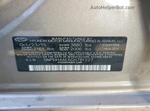 5NPDH4AE6GH781227 2016 HYUNDAI ELANTRA Gray VIN sticker view