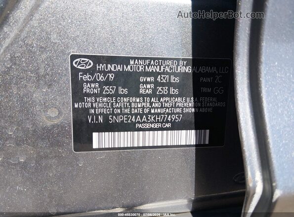 5NPE24AA3KH774957 2019 HYUNDAI SONATA Gray Widok komory silnika