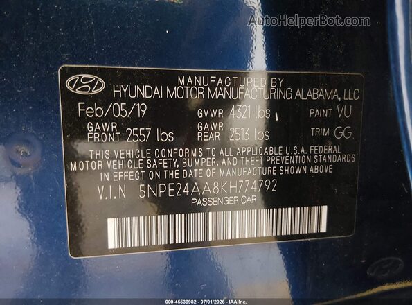 5NPE24AA8KH774792 2019 HYUNDAI SONATA Purple Widok komory silnika