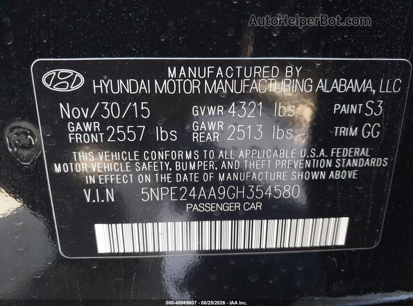 5NPE24AA9GH354580 2016 HYUNDAI SONATA Black Շարժիչի բաժամունքի տեսք