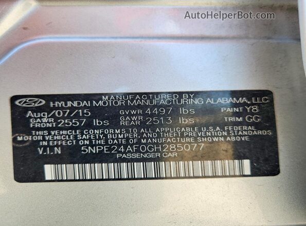 5NPE24AF0GH285077 2016 HYUNDAI SONATA Silver Engine compartment view
