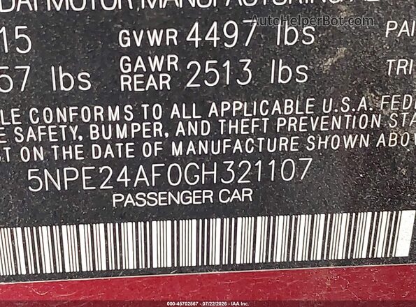 5NPE24AF0GH321107 2016 HYUNDAI SONATA Red Շարժիչի բաժամունքի տեսք