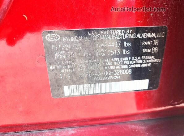 5NPE24AF0GH328008 2016 HYUNDAI SONATA Red Widok naklejki z numerem VIN