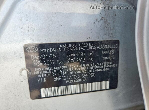 5NPE24AF0GH359260 2016 HYUNDAI SONATA Silver VIN კოდის სტიკერის ხედი