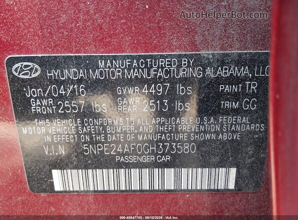 5NPE24AF0GH373580 2016 HYUNDAI SONATA Red Vista del compartimento del motor