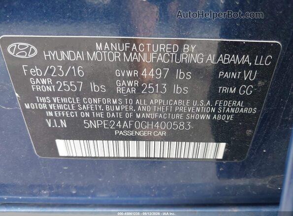 5NPE24AF0GH400583 2016 HYUNDAI SONATA Blue Engine compartment view