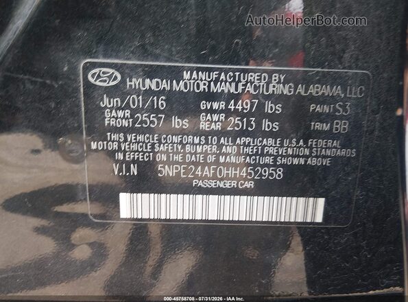 5NPE24AF0HH452958 2017 HYUNDAI SONATA Black Widok komory silnika