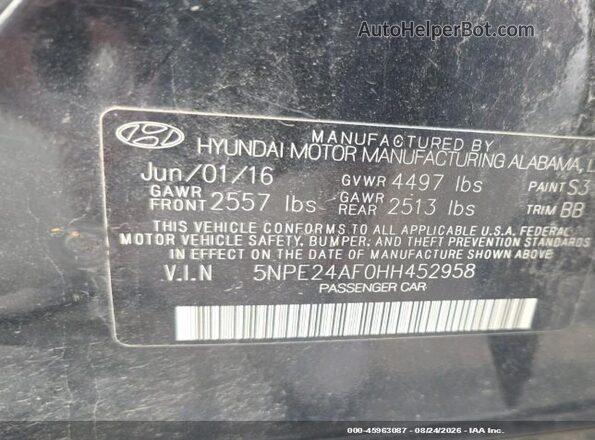 5NPE24AF0HH452958 2017 HYUNDAI SONATA  VIN կոդի պիտակի տեսք