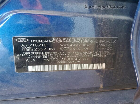 5NPE24AF0HH461711 2017 HYUNDAI SONATA Blue Вид підкапотного простору