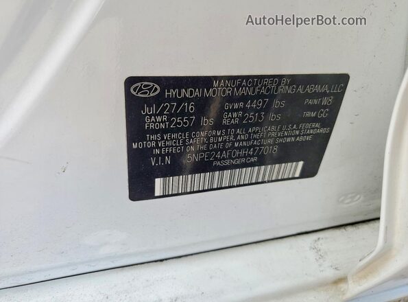 5NPE24AF0HH477018 2017 HYUNDAI SONATA Белый Вид наклейки с VIN-кодом
