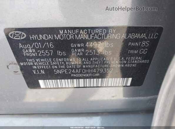 5NPE24AF0HH479352 2017 HYUNDAI SONATA Silver Շարժիչի բաժամունքի տեսք