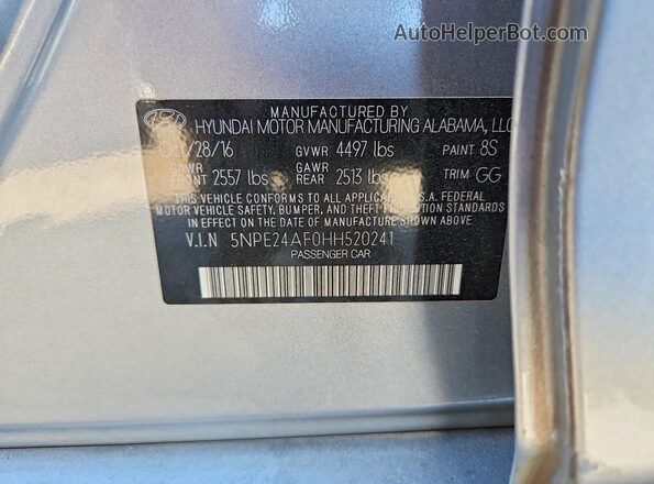 5NPE24AF0HH520241 2017 HYUNDAI SONATA Серебряный Вид наклейки с VIN-кодом