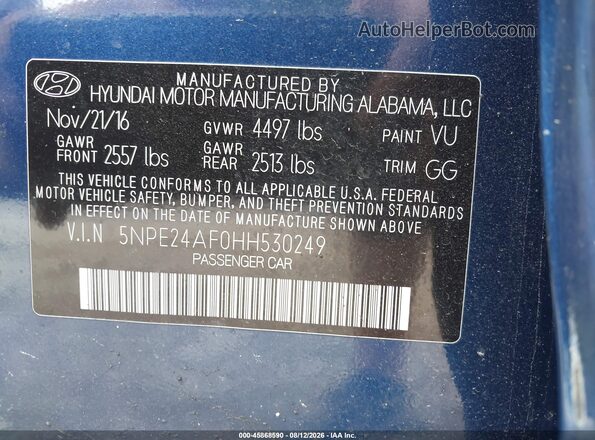 5NPE24AF0HH530249 2017 HYUNDAI SONATA Blue ძრავის განყოფილების ხედი