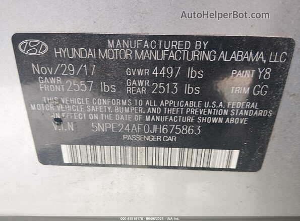 5NPE24AF0JH675863 2018 HYUNDAI SONATA Серебряный Вид подкапотного пространства