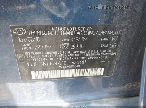 5NPE24AF0JH680481 2018 HYUNDAI SONATA Blue Вид підкапотного простору