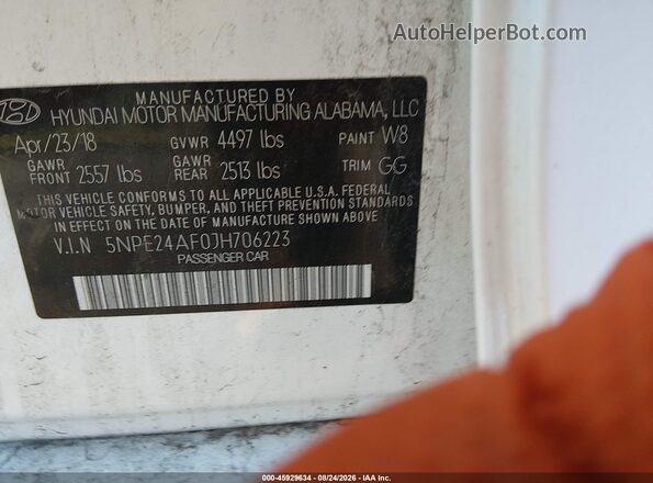 5NPE24AF0JH706223 2018 HYUNDAI SONATA White Vista del compartimento del motor