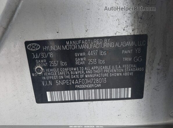 5NPE24AF0JH728013 2018 HYUNDAI SONATA Silver Engine compartment view
