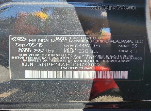 5NPE24AF0KH737019 2019 HYUNDAI SONATA Black ძრავის განყოფილების ხედი