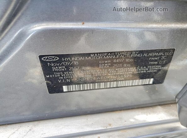 5NPE24AF0KH756525 2019 HYUNDAI SONATA Gray VIN sticker view