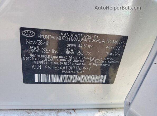 5NPE24AF0KH760929 2019 HYUNDAI SONATA Серебряный Вид подкапотного пространства
