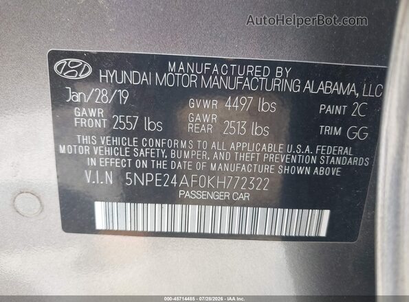 5NPE24AF0KH772322 2019 HYUNDAI SONATA Gray Vista del compartimento del motor