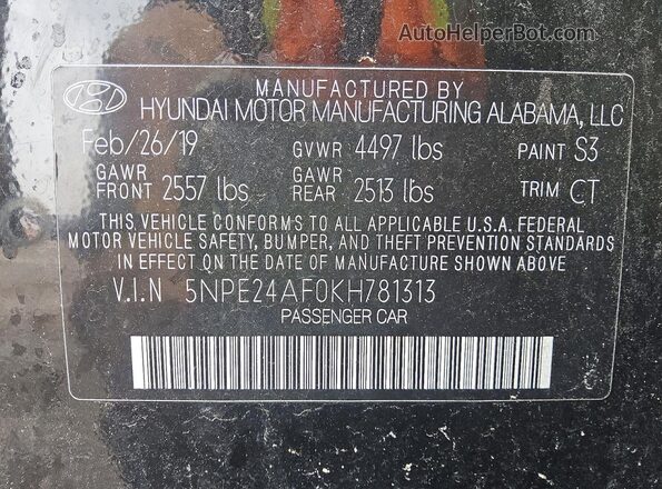 5NPE24AF0KH781313 2019 HYUNDAI SONATA Black Widok naklejki z numerem VIN