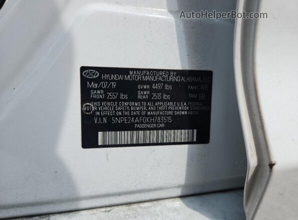 5NPE24AF0KH783515 2019 HYUNDAI SONATA Белый Вид подкапотного пространства