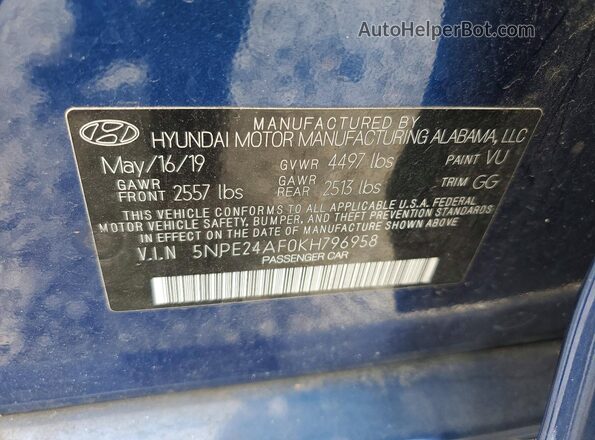 5NPE24AF0KH796958 2019 HYUNDAI SONATA Blue Вид наклейки з VIN-кодом