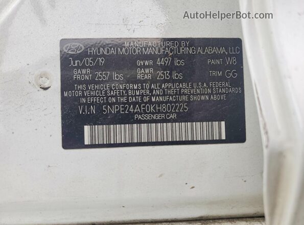 5NPE24AF0KH802225 2019 HYUNDAI SONATA Белый Вид подкапотного пространства