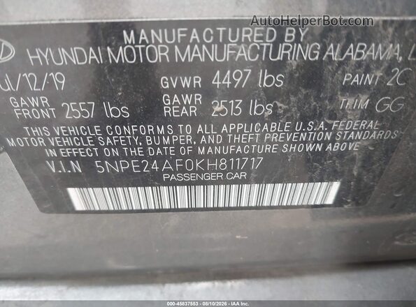 5NPE24AF0KH811717 2019 HYUNDAI SONATA Серый Вид подкапотного пространства