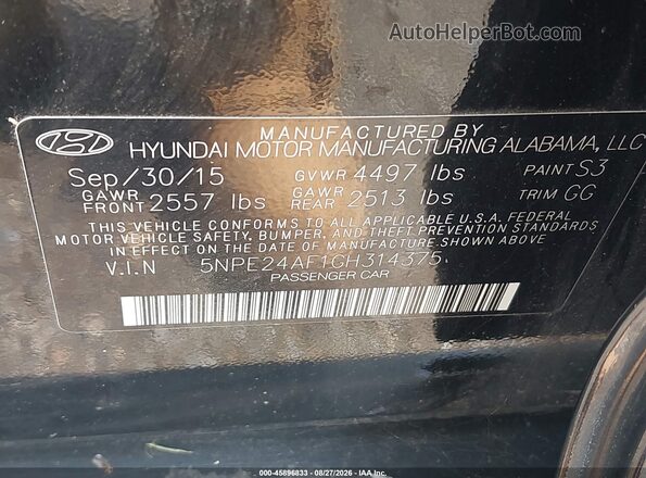 5NPE24AF1GH314375 2016 HYUNDAI SONATA Черный Вид подкапотного пространства
