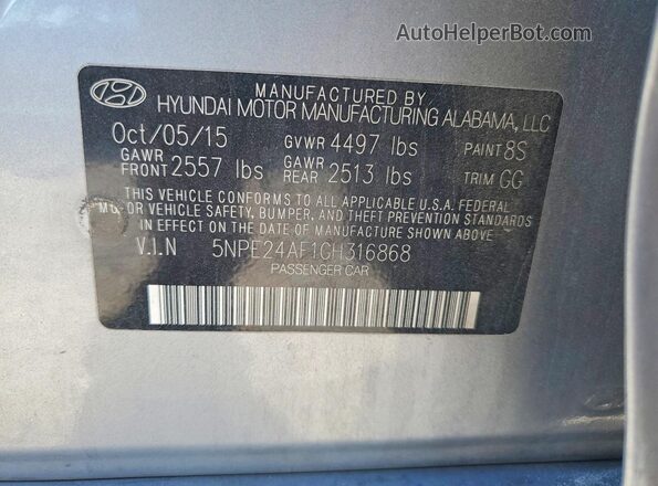 5NPE24AF1GH316868 2016 HYUNDAI SONATA Silver Vista del compartimento del motor