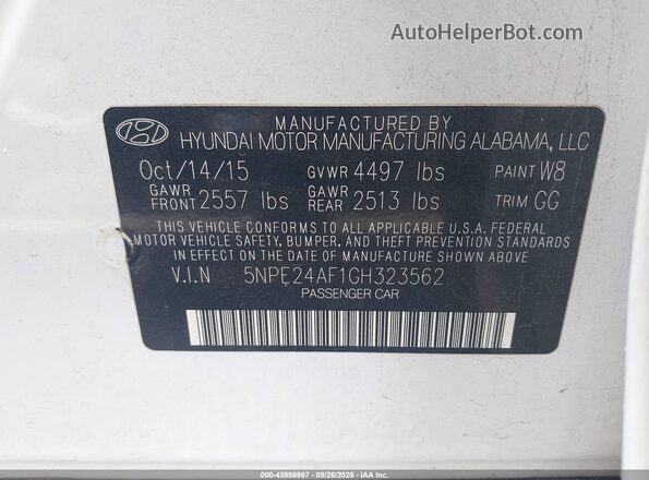 5NPE24AF1GH323562 2016 HYUNDAI SONATA Белый Вид подкапотного пространства