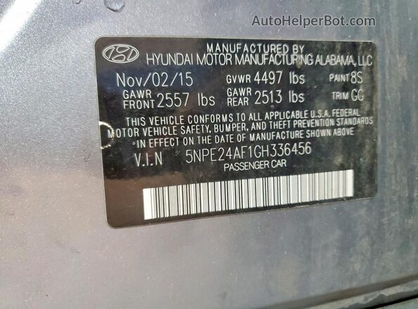 5NPE24AF1GH336456 2016 HYUNDAI SONATA Silver ძრავის განყოფილების ხედი