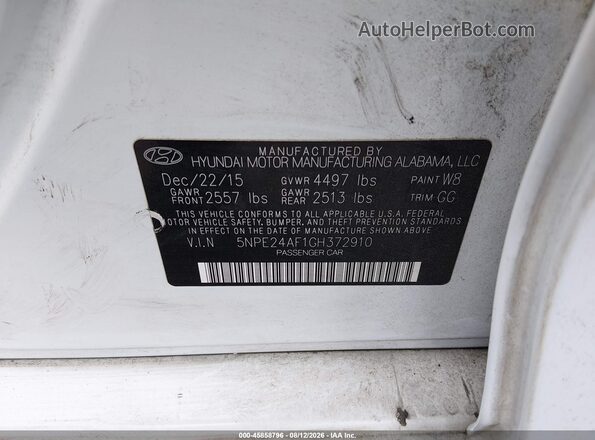 5NPE24AF1GH372910 2016 HYUNDAI SONATA White Շարժիչի բաժամունքի տեսք