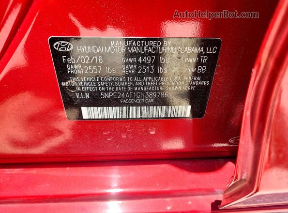 5NPE24AF1GH389786 2016 HYUNDAI SONATA Red ძრავის განყოფილების ხედი