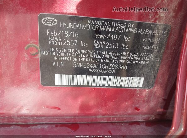 5NPE24AF1GH398388 2016 HYUNDAI SONATA Red Widok komory silnika