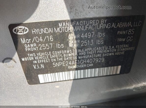 5NPE24AF1GH407929 2016 HYUNDAI SONATA Gray Vista del compartimento del motor