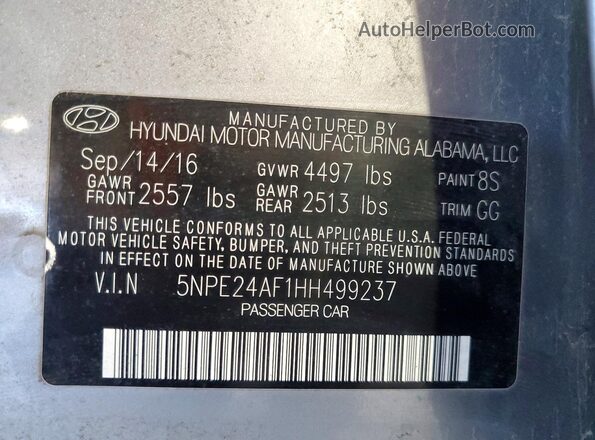 5NPE24AF1HH499237 2017 HYUNDAI SONATA Silver Շարժիչի բաժամունքի տեսք
