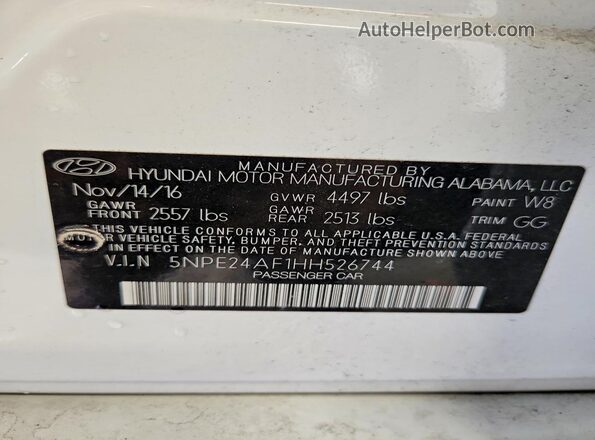 5NPE24AF1HH526744 2017 HYUNDAI SONATA White Engine compartment view