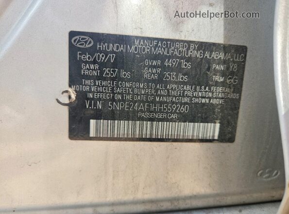 5NPE24AF1HH559260 2017 HYUNDAI SONATA Silver Vista del compartimento del motor