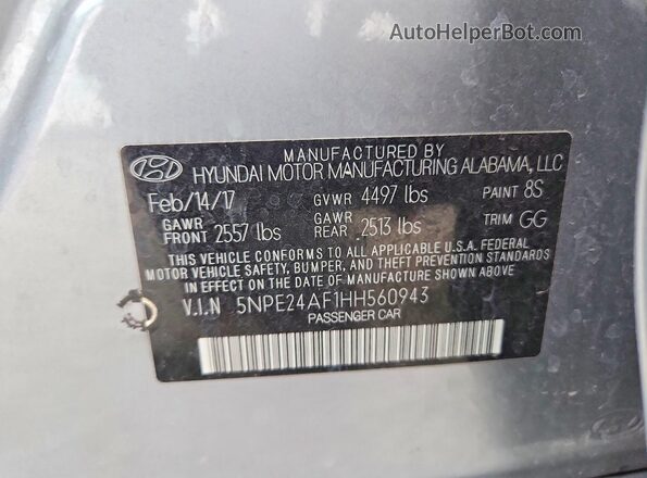 5NPE24AF1HH560943 2017 HYUNDAI SONATA Серебряный Вид подкапотного пространства