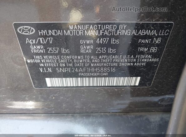 5NPE24AF1HH588516 2017 HYUNDAI SONATA Gray ძრავის განყოფილების ხედი