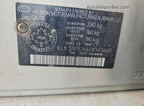 5NPE24AF1KH736610 2019 HYUNDAI SONATA Silver Շարժիչի բաժամունքի տեսք