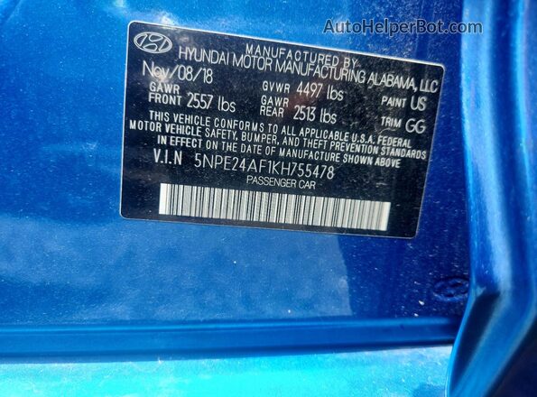 5NPE24AF1KH755478 2019 HYUNDAI SONATA Blue Widok komory silnika